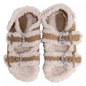 Zara Cream and Tan Fuzzy Buckle Sandals